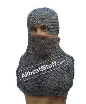 9 MM Full Flat Riveted Chain Mail Hood with Side ventail Coif